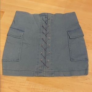 Lace up front light wash denim skirt